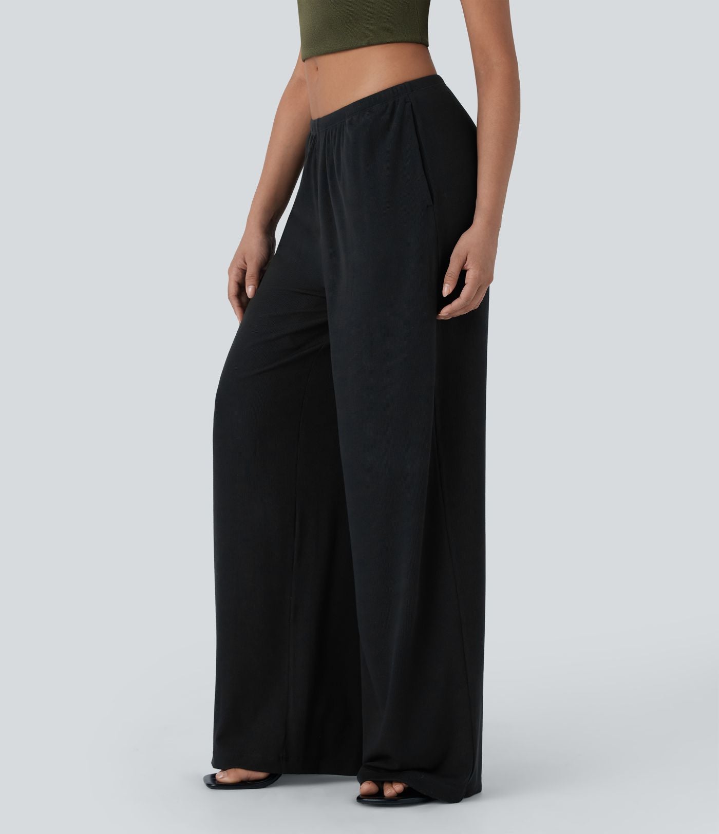 Pantalon fluide ample à taille basse avec cordon de serrage, côtes extensibles, doux pour la peau et poches latérales