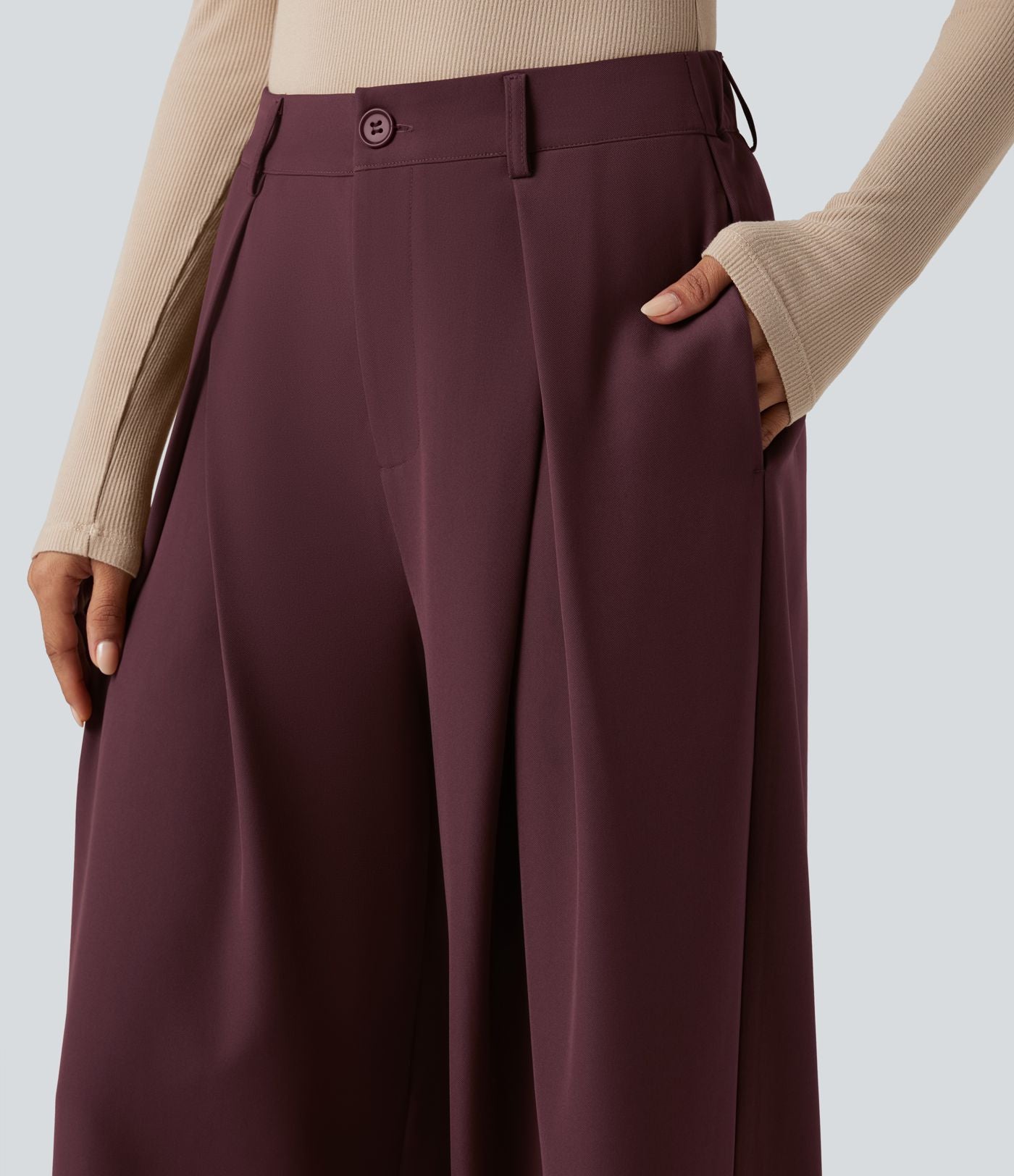 Pantalon tailleur large, taille haute, à poches