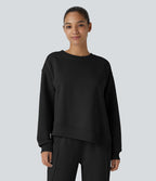 Sweat-shirt décontracté oversize en polaire, col rond, épaules tombantes, manches longues, ourlet fendu, empiècements côtelés contrastés et broderies