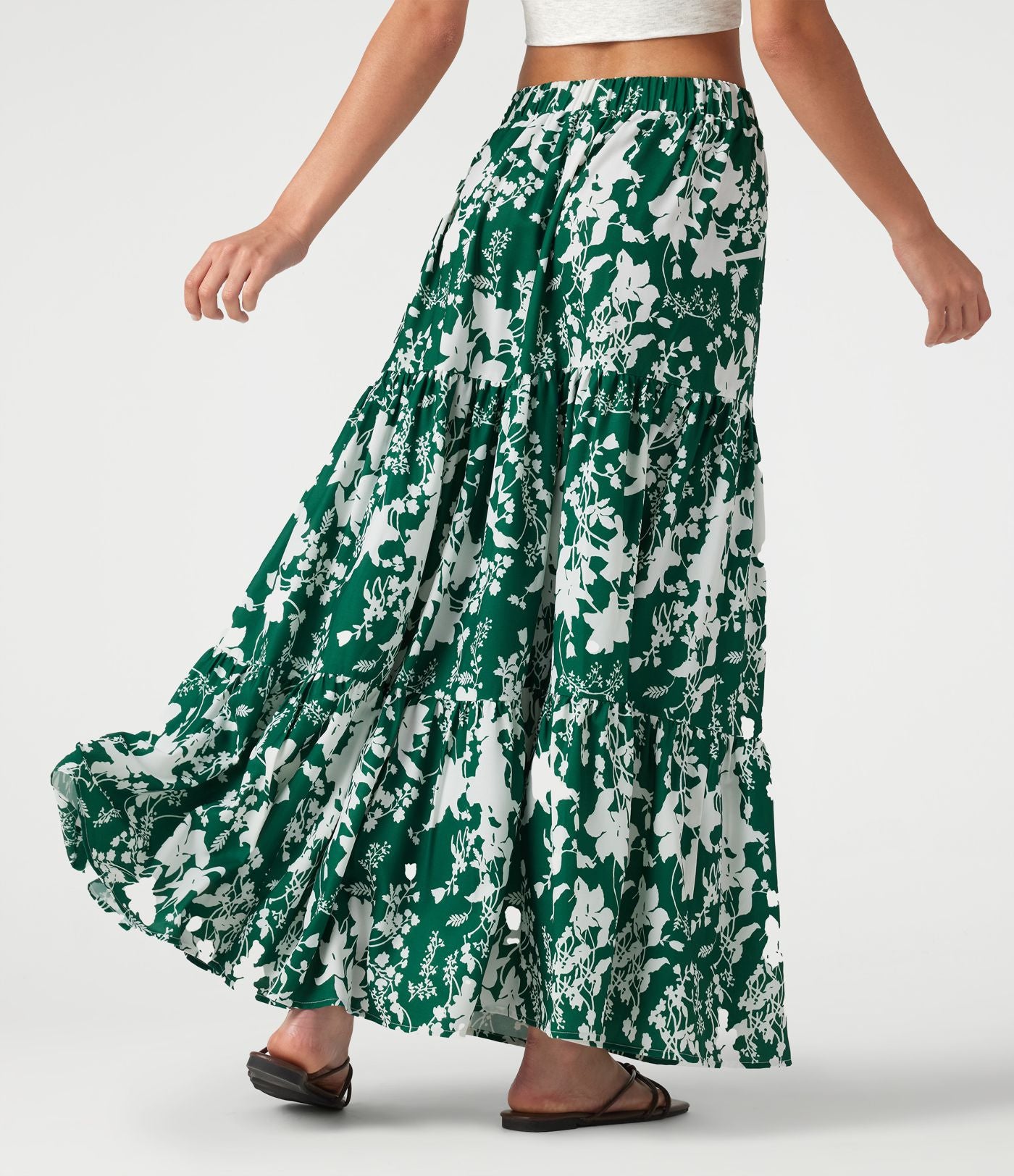 Jupe longue fluide taille haute à volants superposés imprimé floral pour les vacances