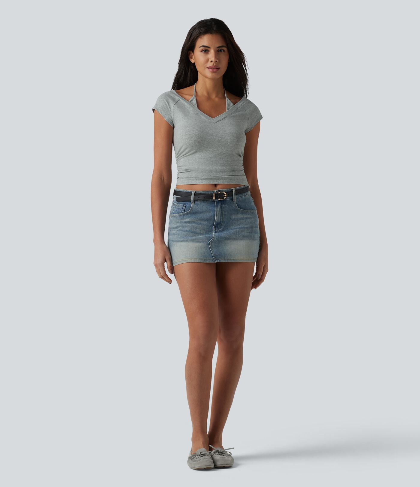 Halara T-shirt casual 2 en 1 en jersey de coton manches courtes dos noué froncé