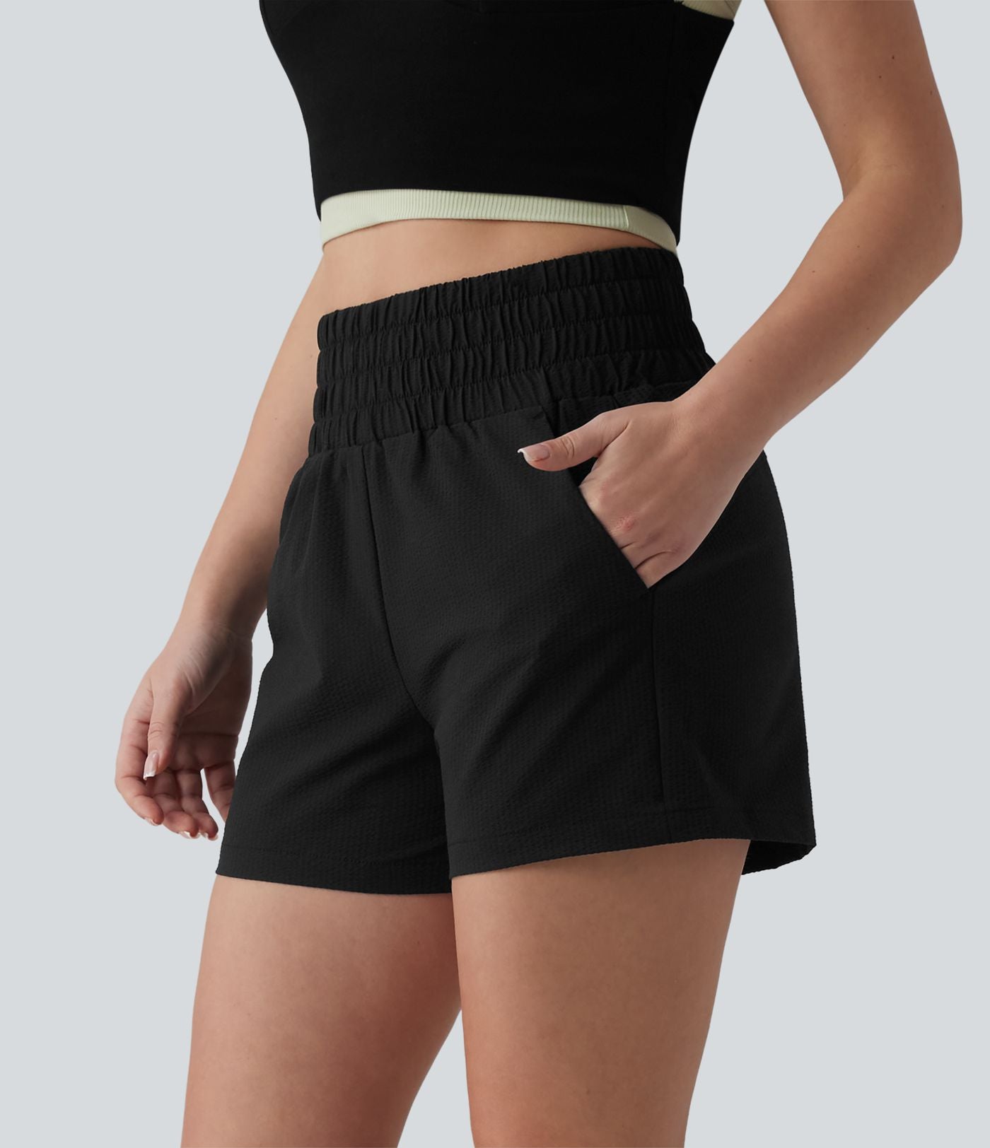 Short casual ample taille haute séchage rapide aspect froissé avec poches