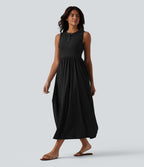 Robe midi évasée fluide décontractée Breezeful™ col Henley sans manches à séchage rapide avec poches