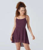 Robe de sport danse mini 2-en-1 laçage asymétrique résille contrastante fluide avec poche A-D