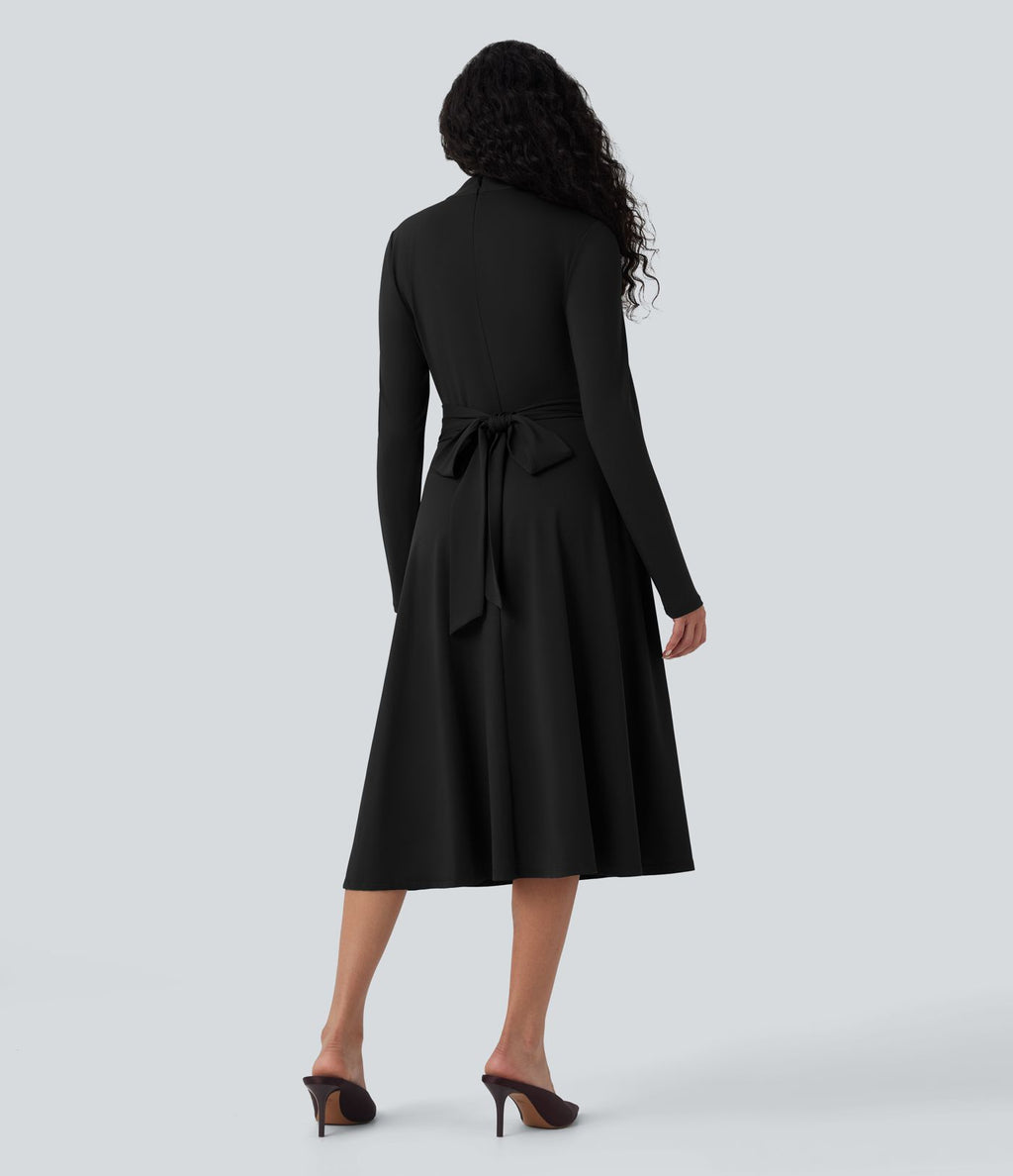 Robe de travail midi manches longues à découpes et dos noué avec poches