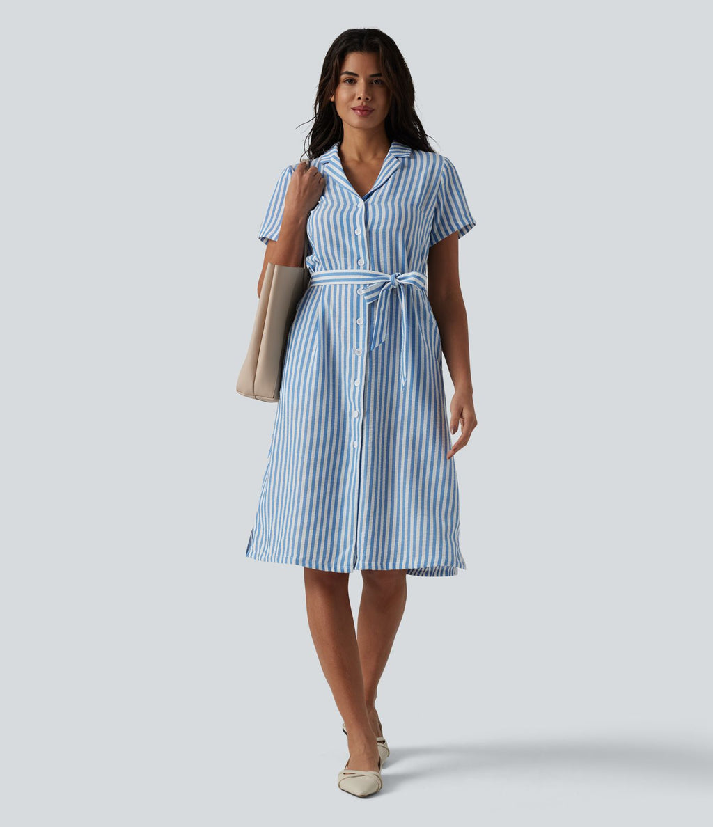 Robe-chemise midi tailleur à manches courtes et col, aspect lin à rayures, ceinturée et avec poches