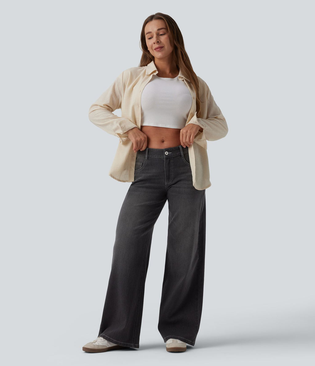 Halara Flex™ Jean Large Casual Taille Basse avec Boutons Zip Multiples Poches Lavés Élastiques et Tricotés
