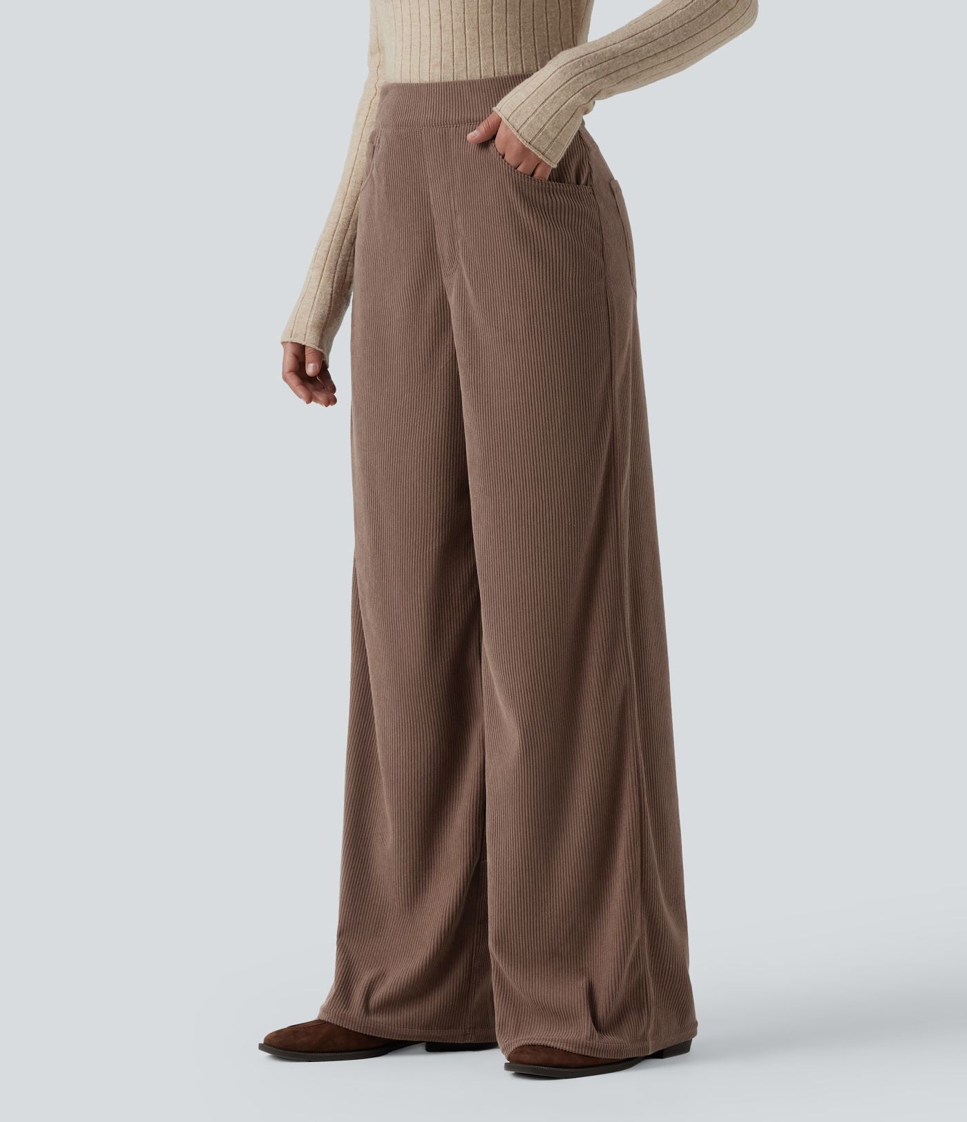 Pantalon velours côtelé tailleur et large Halara Flex™, taille haute, avec poches