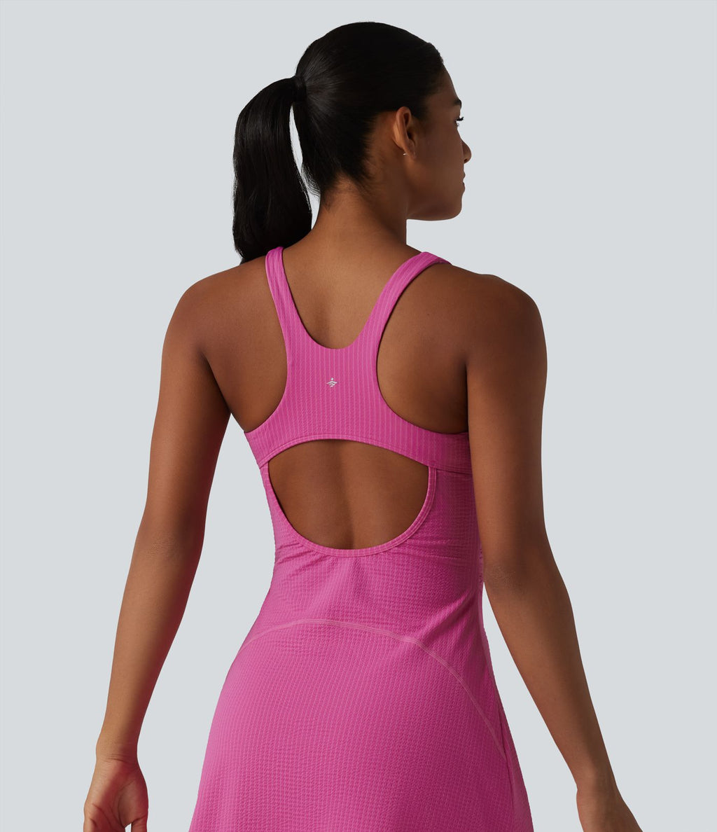 Robe sport mini de tennis 2 pièces à col U, soutien-gorge intégré, rayures, séchage rapide et poches - UPF40+