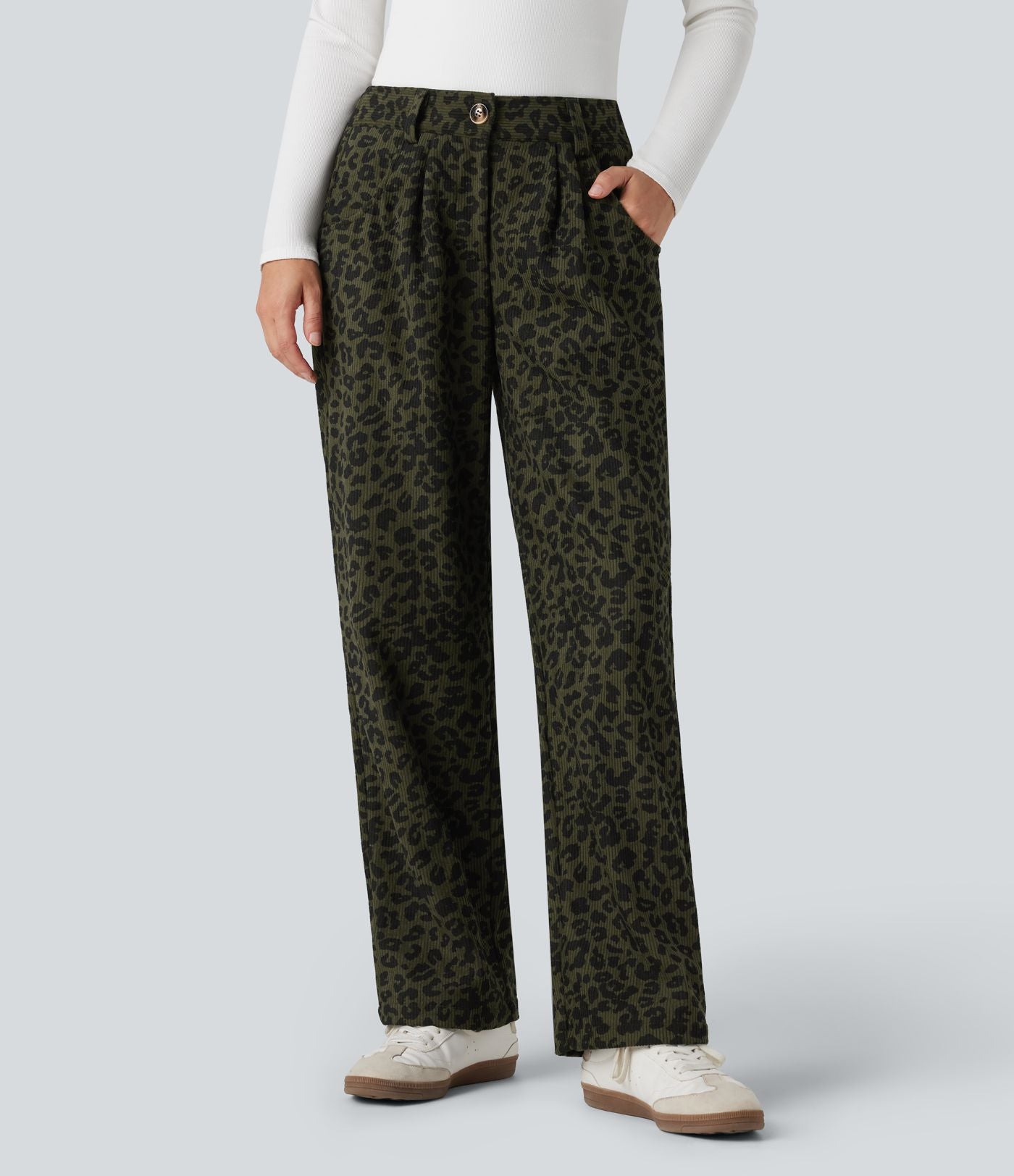 Pantalon velours côtelé imprimé léopard coupe droite taille mi-haute avec poches