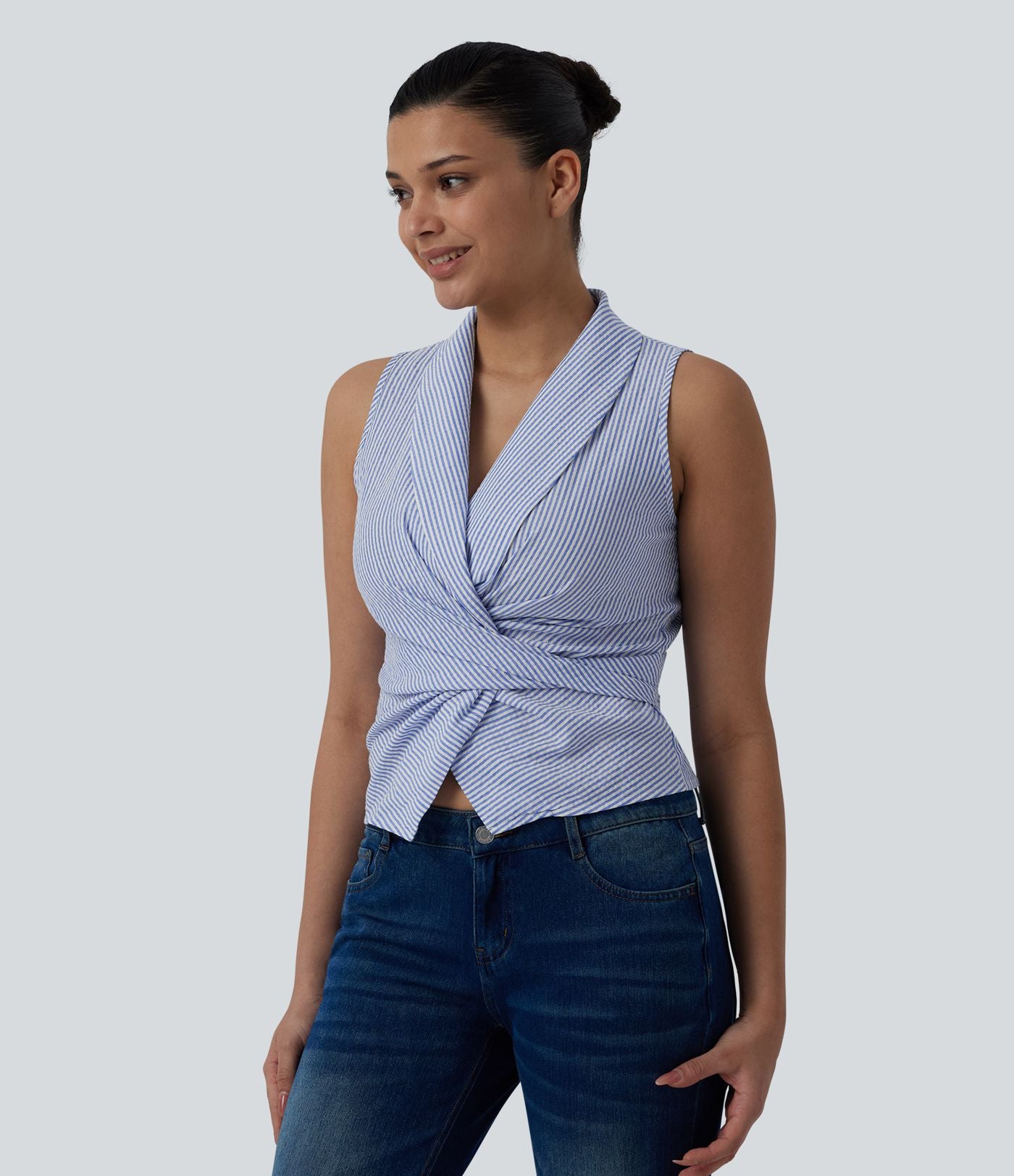 Chemise décontractée à rayures, col V, sans manches, dos noué
