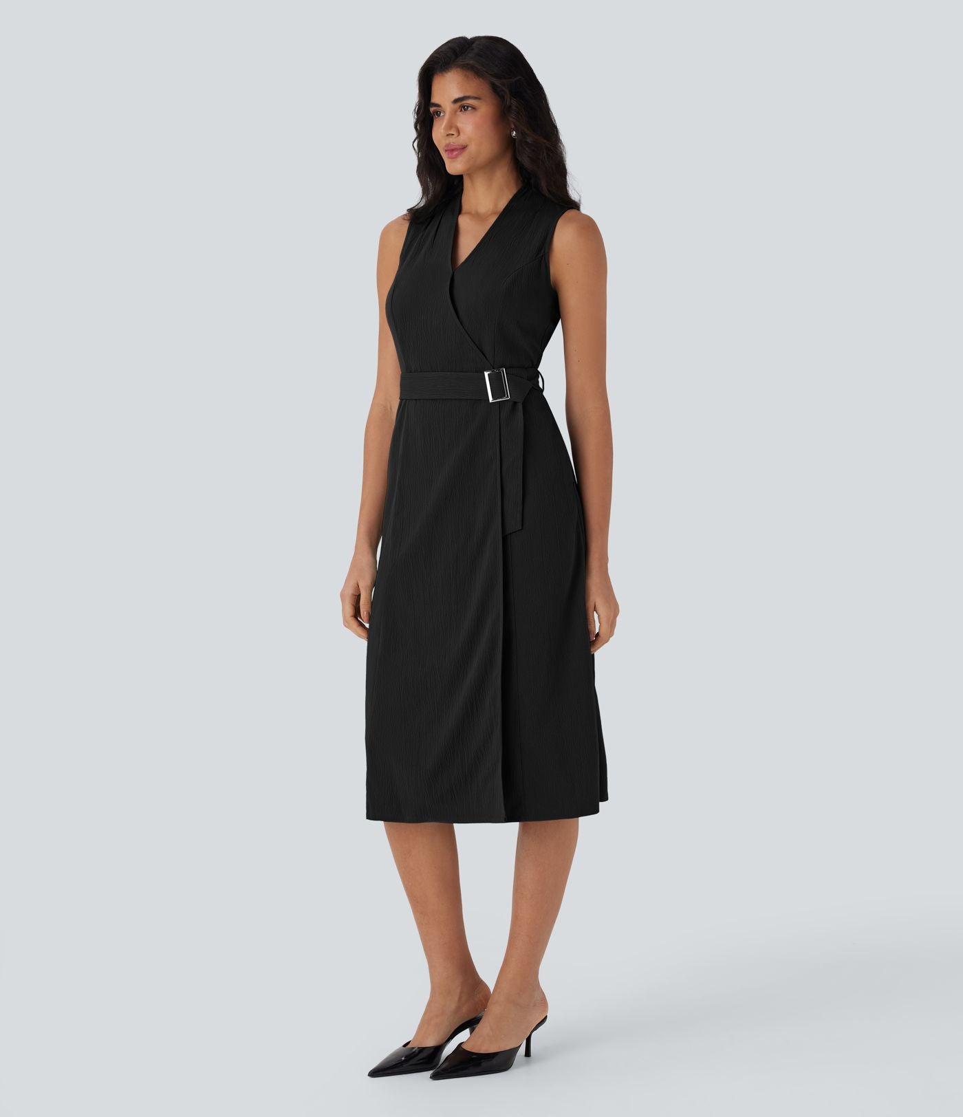 Robe de voyage mi-longue à col V, sans manches, portefeuille, ceinture et poches latérales