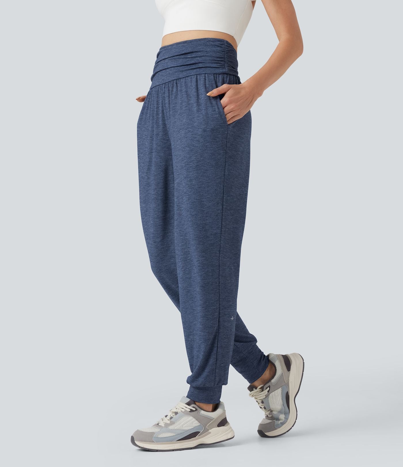 Jogging taille haute froncé chiné avec poches