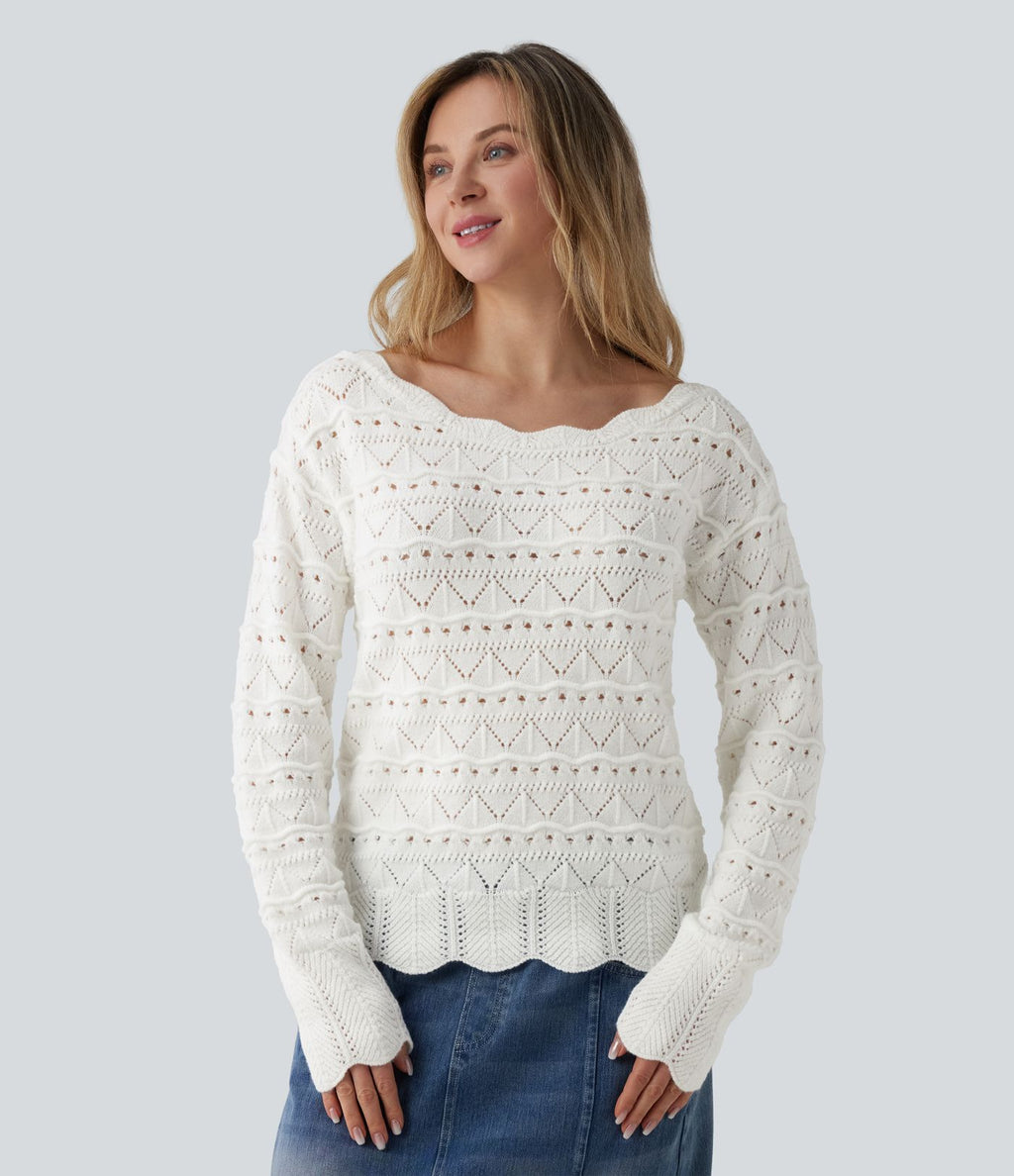 Pull décontracté col bateau manches longues maille ajourée