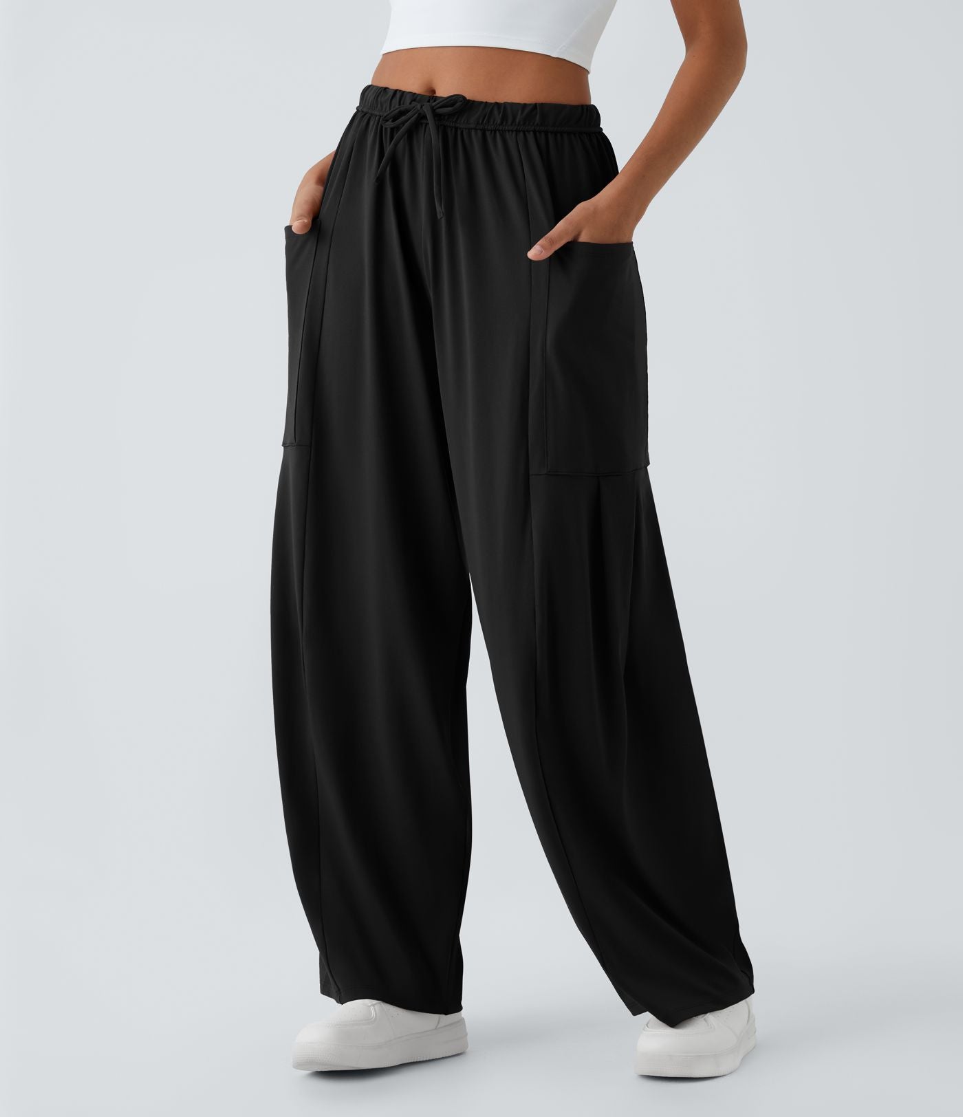Pantalon Large Fluide Taille Mi-Haute Taille Élastique Cordon Poches Latérales Ourlet Flottant