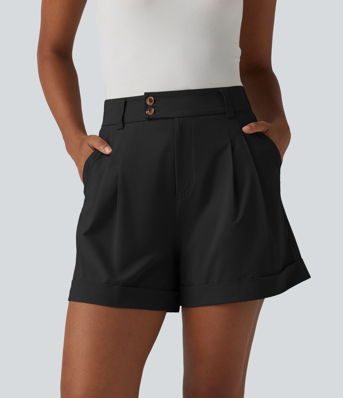 Short tailleur large en popeline stretch plissé taille haute avec ourlet roulotté et poches