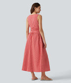 Robe midi décontractée à carreaux vichy, col bateau, sans manches, avec poches