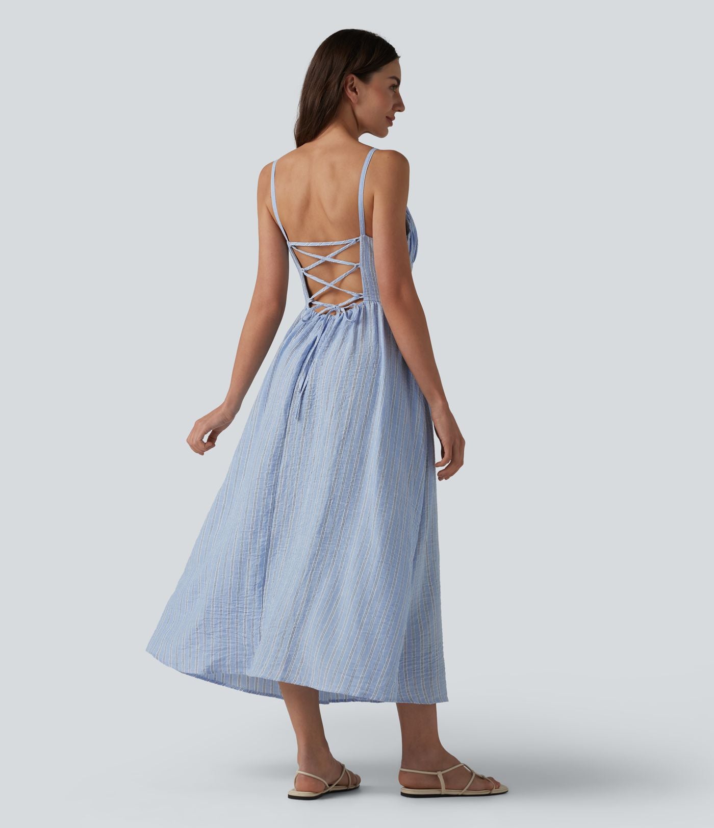 Robe nuisette midi fluide décontractée à rayures style corset lacé avec poches