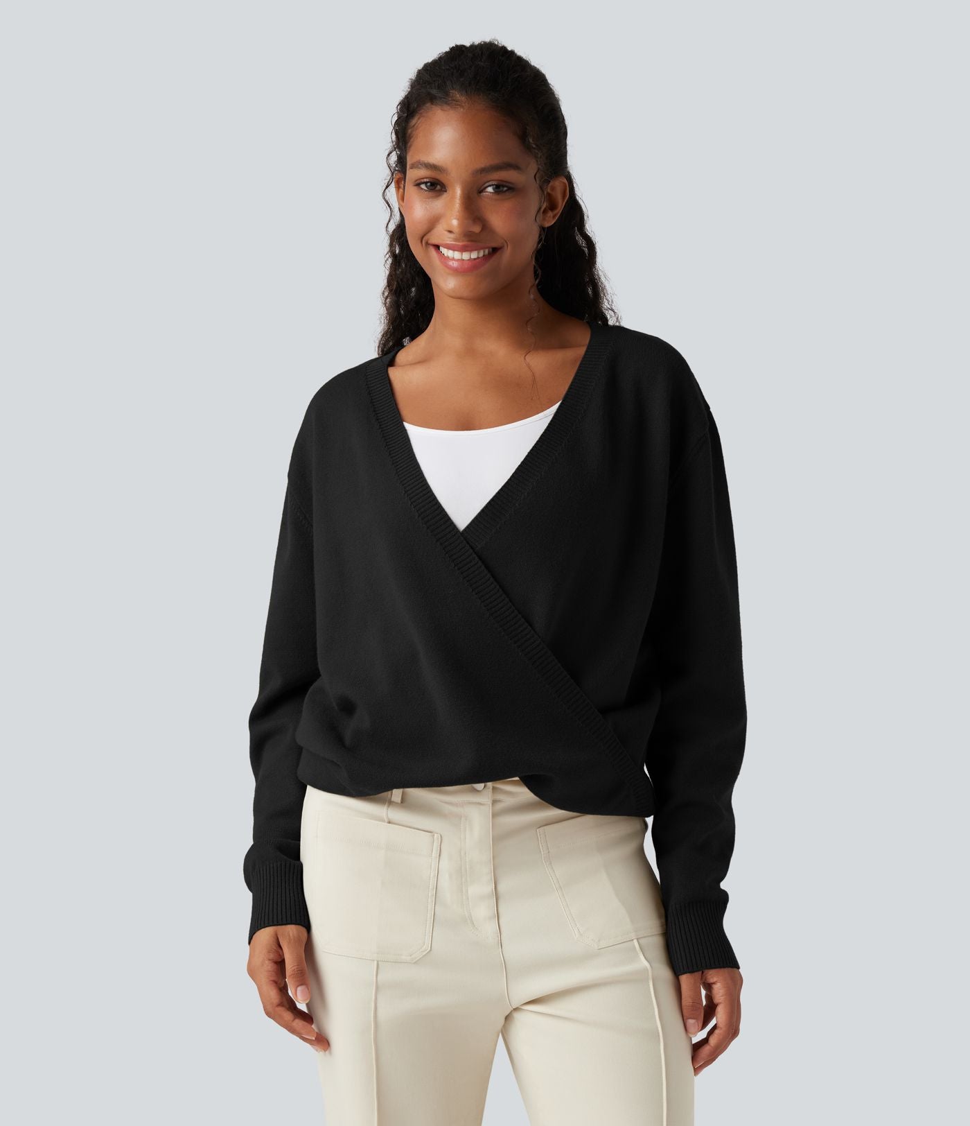 Pull décontracté réversible effet cache-cœur à décolleté en V et manches longues