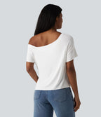 T-shirt décontracté asymétrique manches courtes soutien-gorge intégré nœud devant