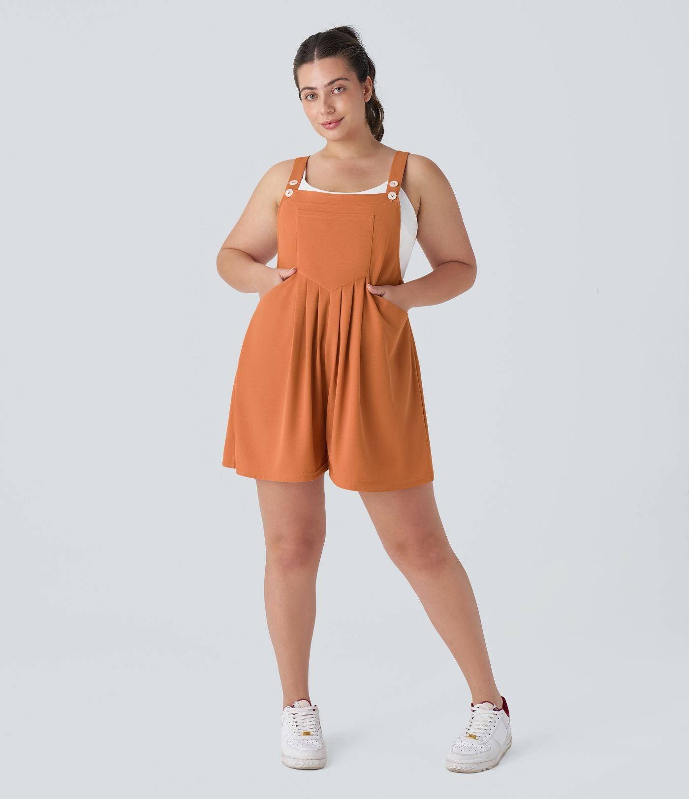Salopette Casual en Gaufré avec Bretelles Réglables Boutons et Poches Multiples Grande Taille
