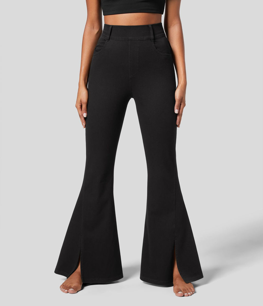 Halara Flex™ Jean Évasé Causal Tricot Extensible Taille Haute avec Poches Latérales Ourlet Fendu