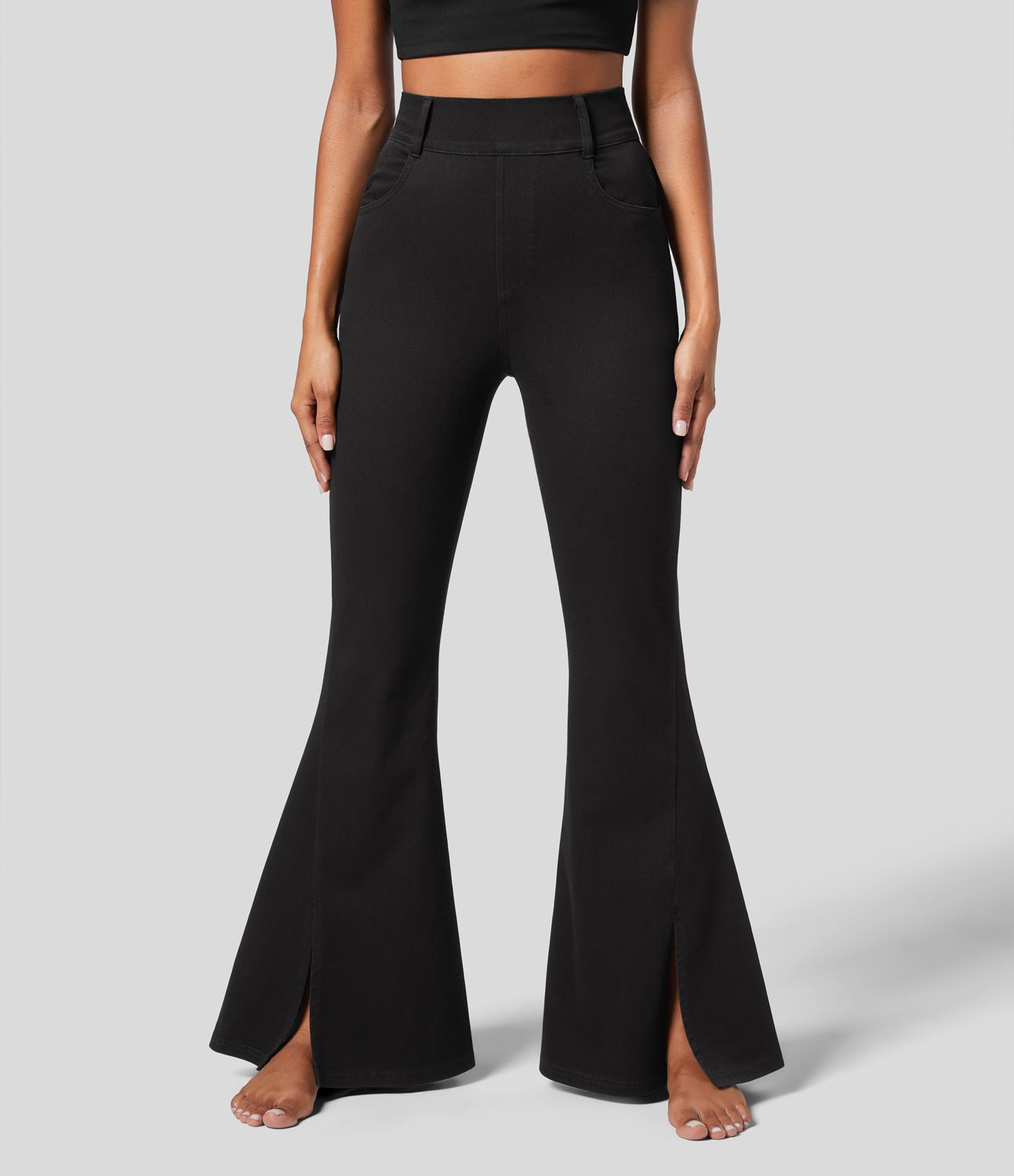 Halara Flex™ Jean Évasé Causal Tricot Extensible Taille Haute avec Poches Latérales Ourlet Fendu