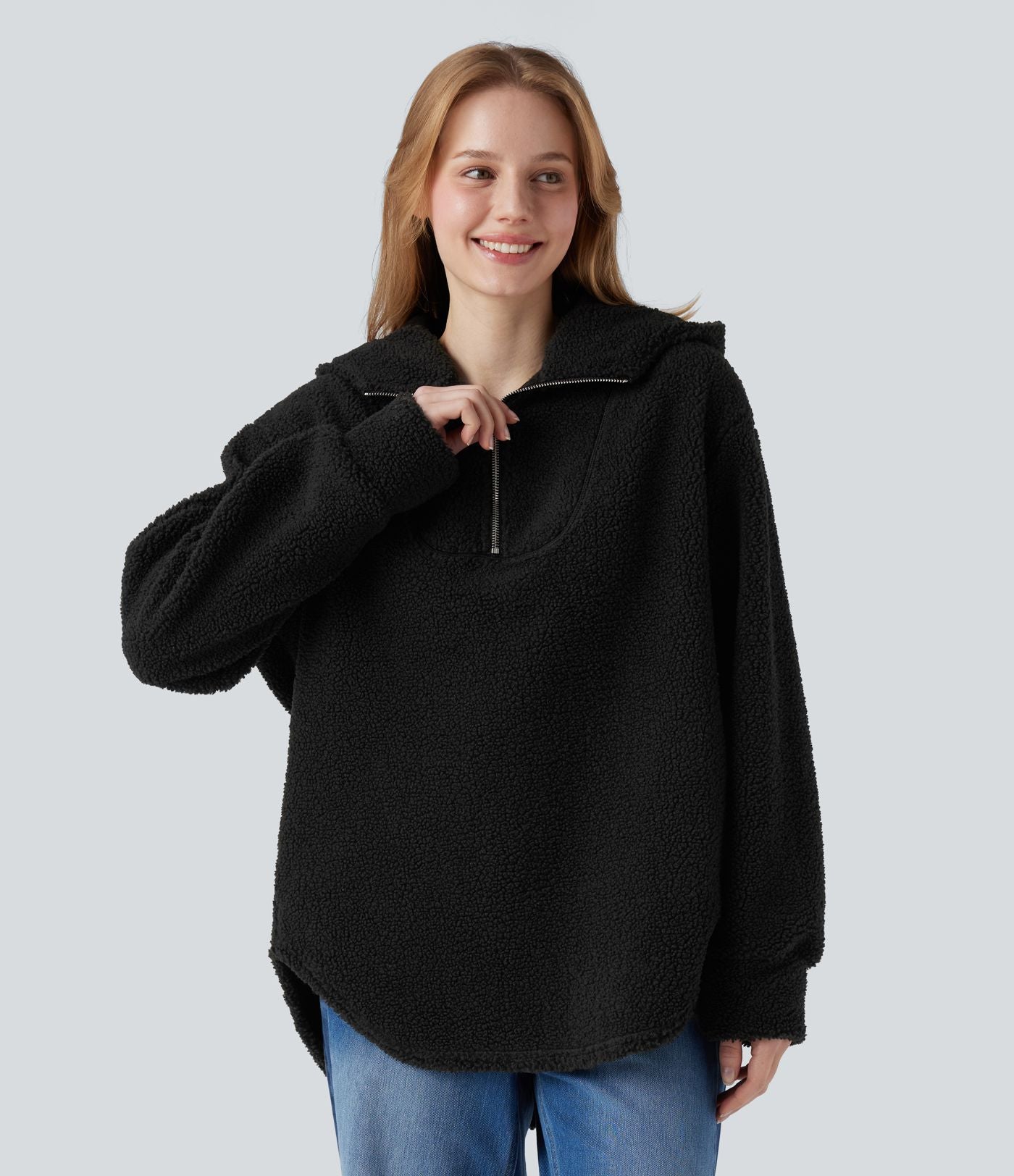 Sweat-shirt sherpa oversize à capuche et demi-zip avec ourlet arrondi et poches