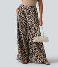 Pantalon large casual taille haute imprimé léopard, avec poches