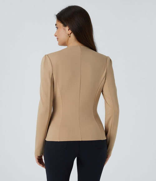 Blazer tailleur ajusté à col rond, manches longues avec boutons décoratifs