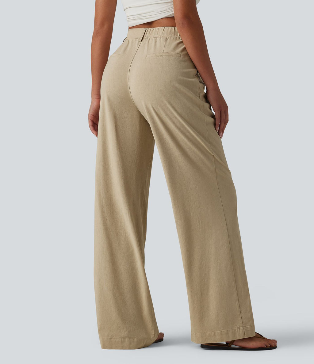 Pantalon taille haute casual en lin stretch coupe droite avec poches