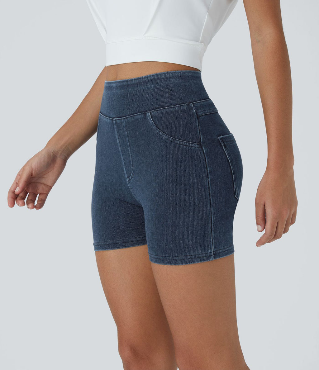 Halara Flex™ Shorts 7,5cm Casual en Denim Tricot Extensible Taille Haute Avec Poches Latérales Arrière