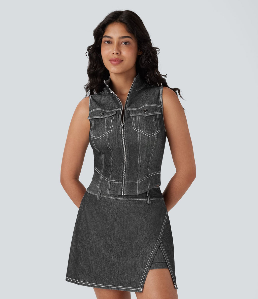 Débardeur de tennis Halara Flex™ en denim stretch délavé avec col montant, fermeture éclair et effet frais InstantCool