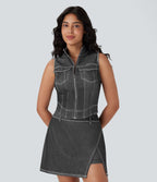 Débardeur de tennis Halara Flex™ en denim stretch délavé avec col montant, fermeture éclair et effet frais InstantCool