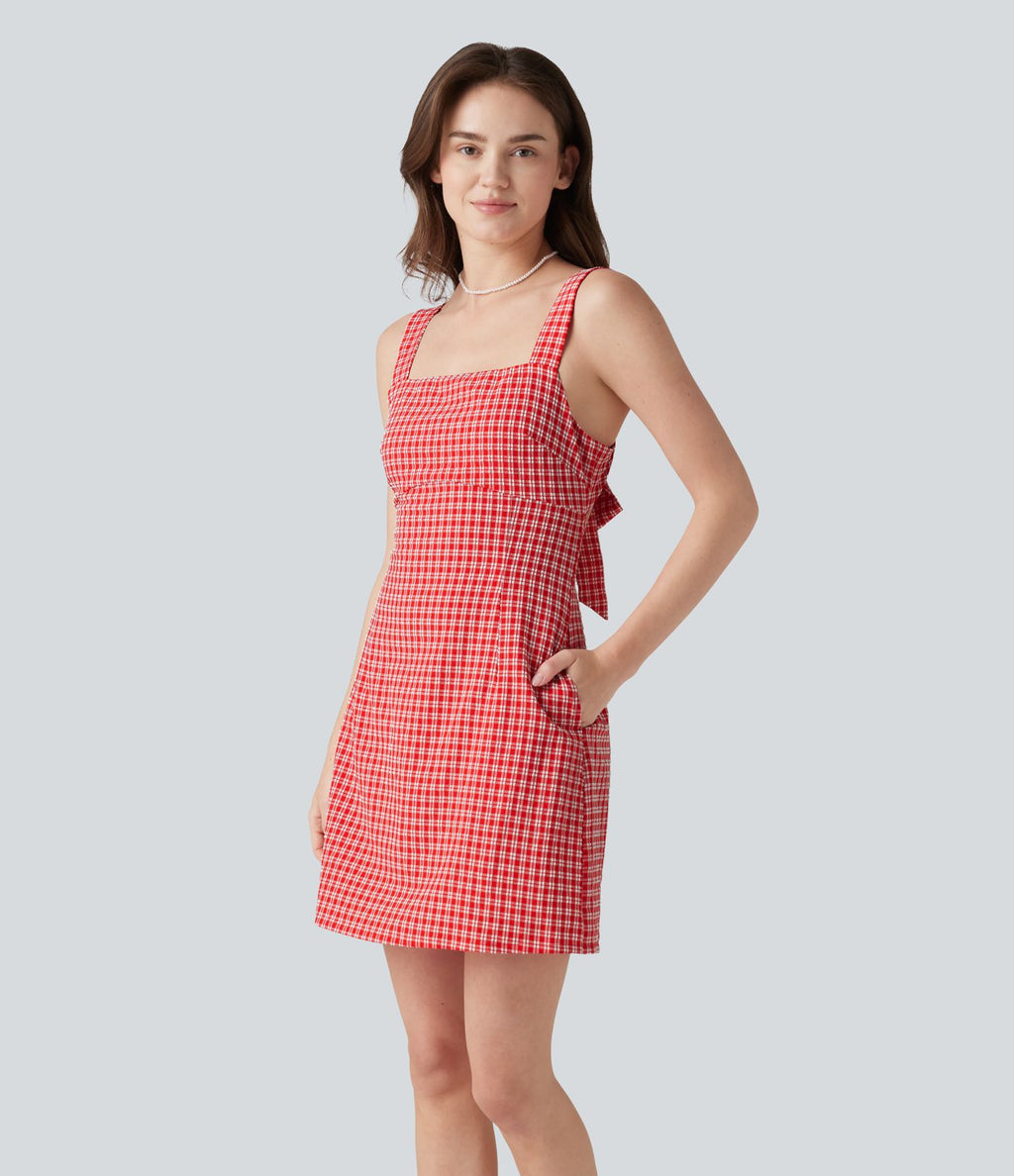 Robe mini vichy à col carré avec lien à nouer au dos et poches
