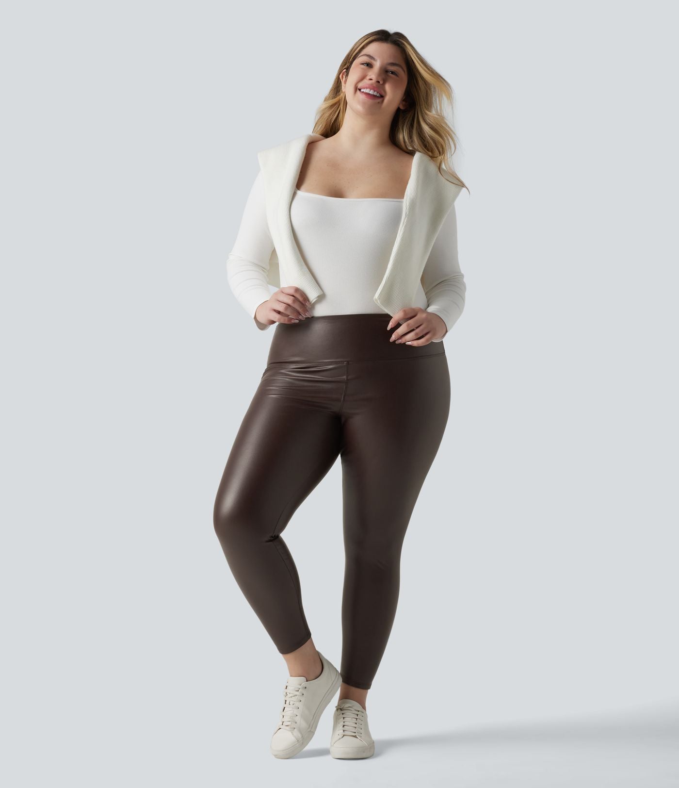 Leggings 7/8 grande taille en simili extensible effet ventre plat, taille haute, intérieur polaire, avec poches