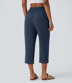 Pantalon capri effet lin taille haute avec poches zippées