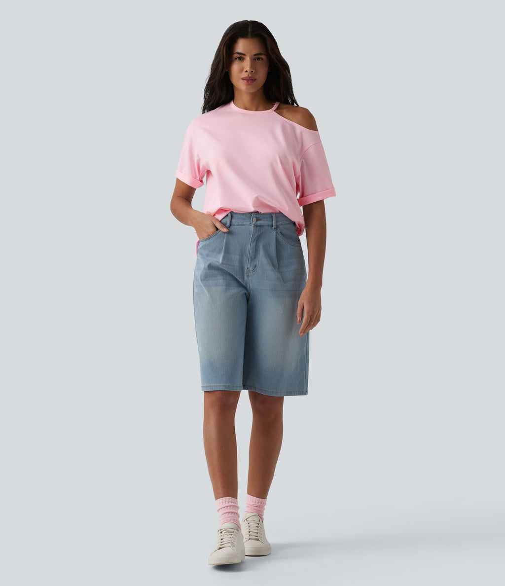 T-shirt décontracté en coton, encolure ronde, découpes et manches mi-longues