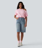 T-shirt décontracté en coton, encolure ronde, découpes et manches mi-longues