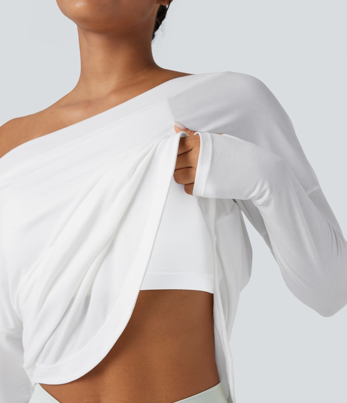 Top de sport yoga une épaule séchage rapide ourlet arrondi asymétrique manches longues avec trous pouces - Brassière intégrée