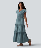 Robe midi décontractée en popeline stretch à manches courtes et col en V