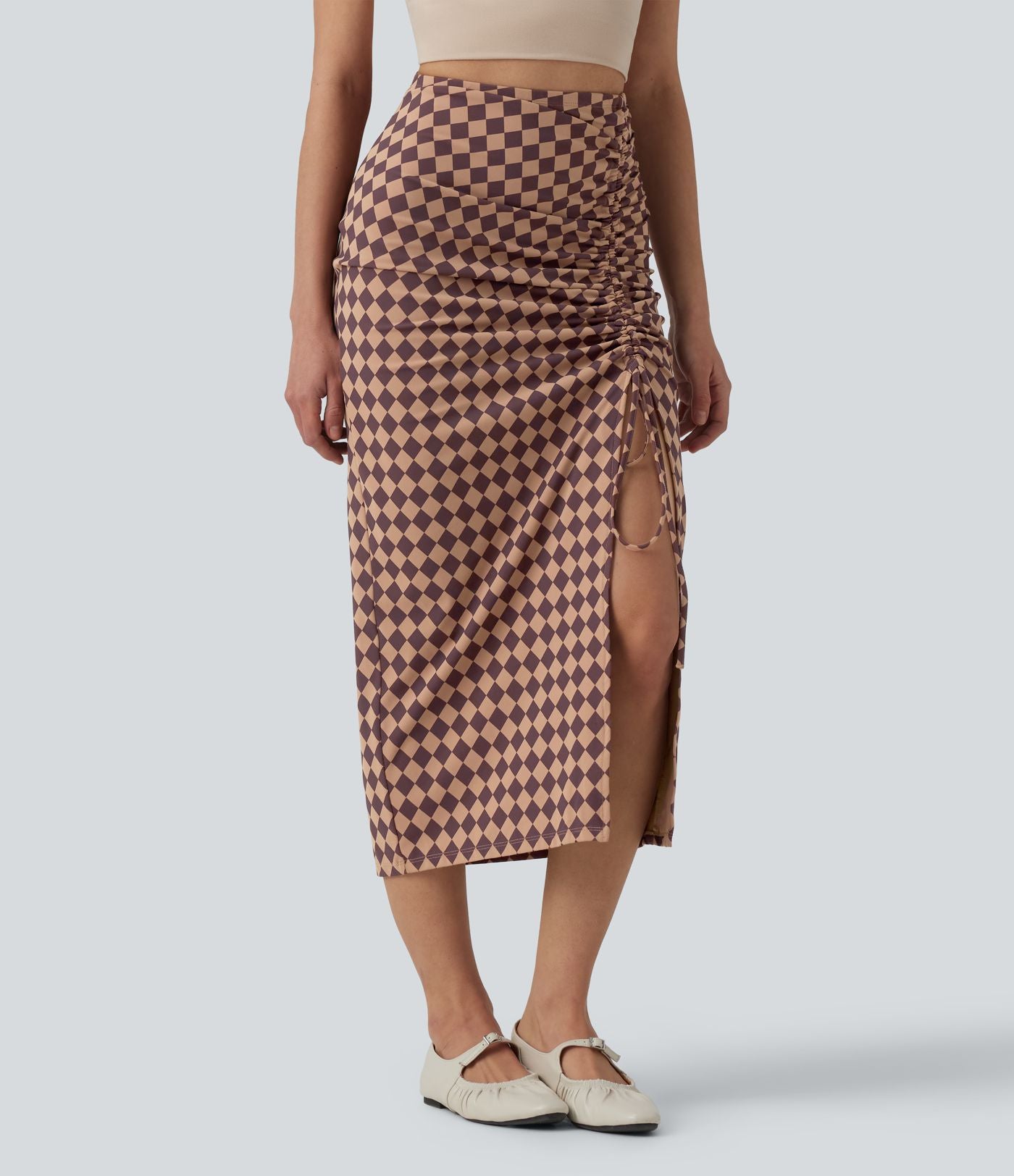 Jupe mi-longue moulante casual Halara UltraSculpt™ imprimé à carreaux taille haute avec cordon de serrage