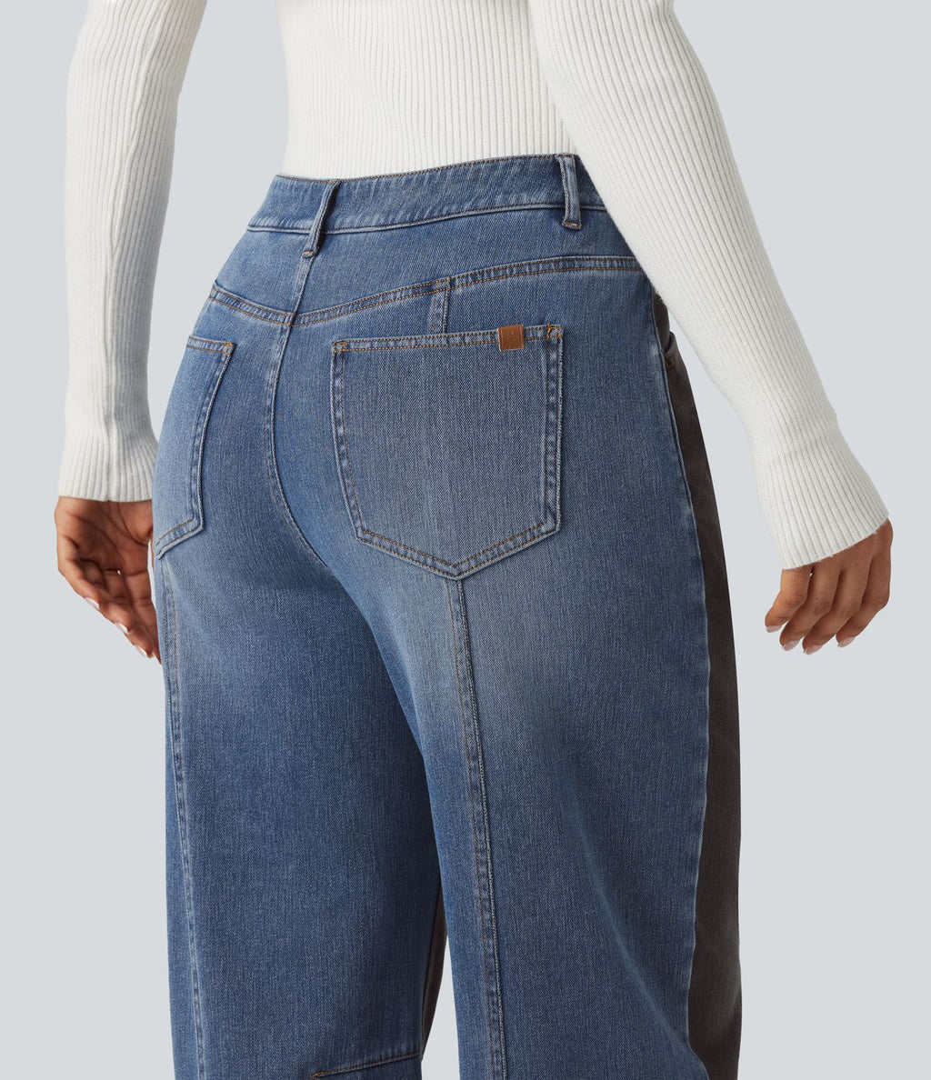 Jean barrel casual Halara Flex™ taille mi-haute color block avec poches