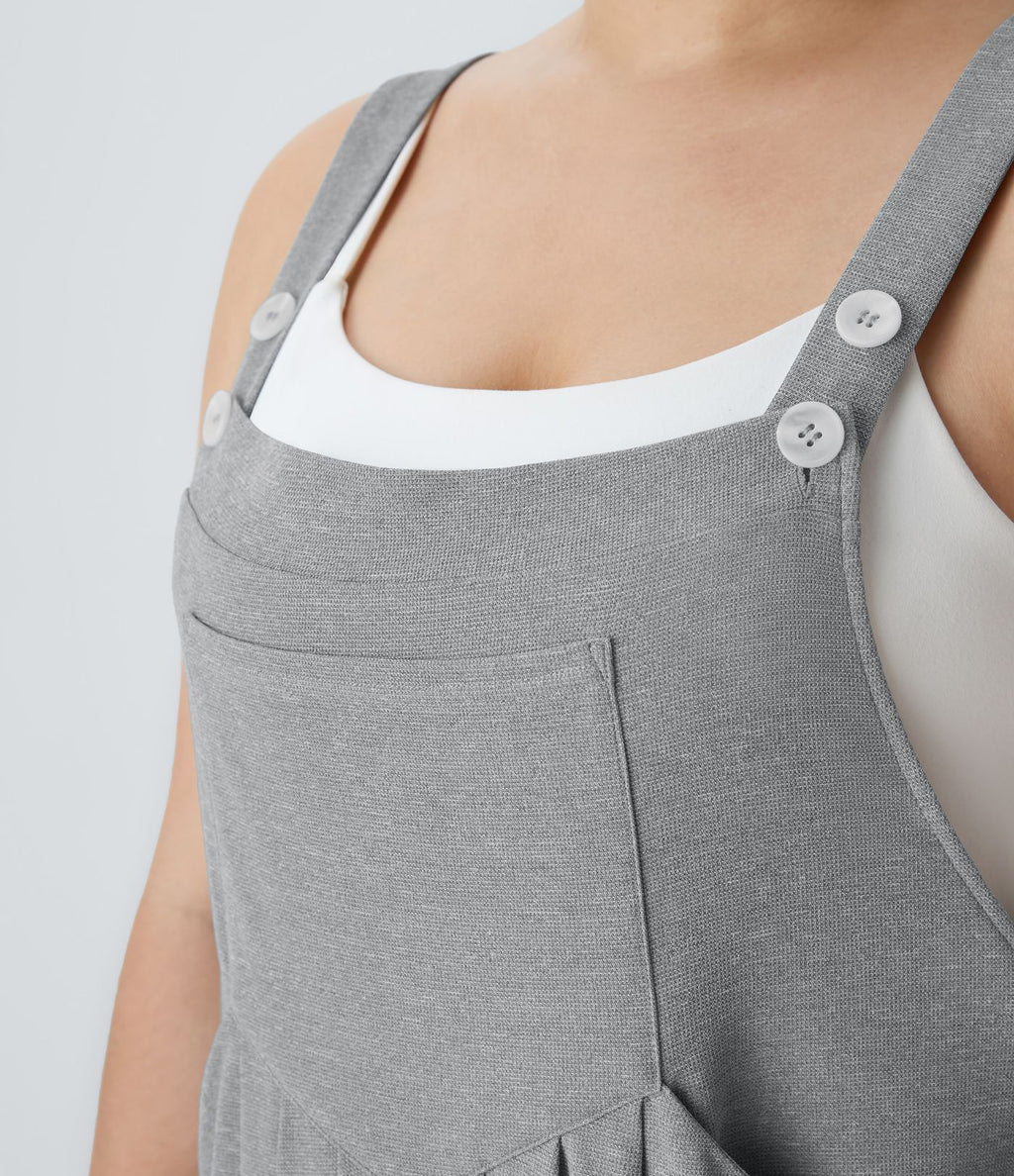 Salopette Casual en Gaufré avec Bretelles Réglables Boutons et Poches Multiples Grande Taille
