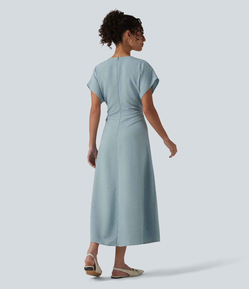 Robe longue tailleur évasée col V à manches courtes avec fermeture éclair invisible et drapé froncé