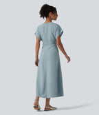 Robe longue tailleur évasée col V à manches courtes avec fermeture éclair invisible et drapé froncé