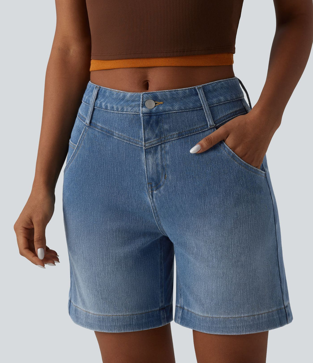 Short denim ample décontracté Halara Flex™ délavé taille mi-haute ourlet roulotté avec poches