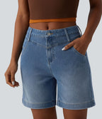 Short denim ample décontracté Halara Flex™ délavé taille mi-haute ourlet roulotté avec poches