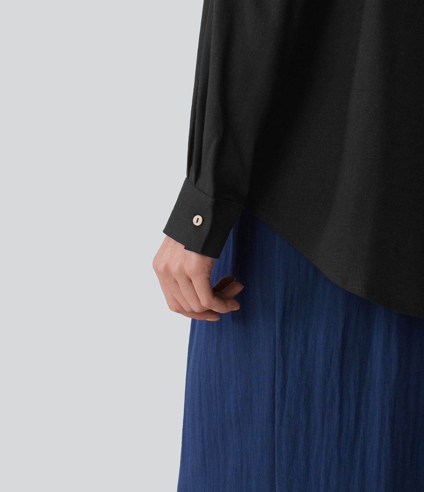 Chemise décontractée en lin col ourlet arrondi manches longues boutonnée avec poches