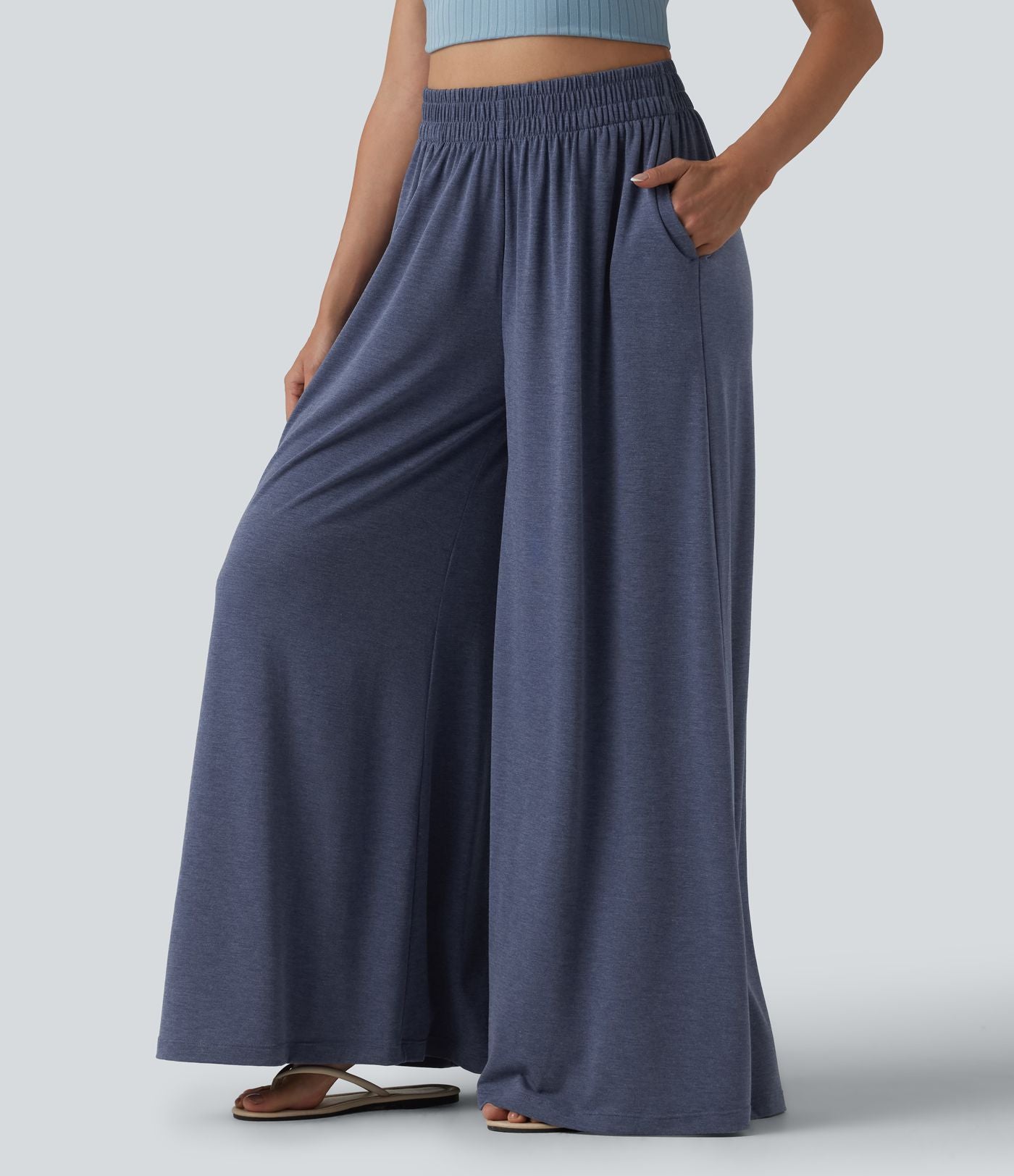 Pantalon large fluide chiné resort taille haute avec poches